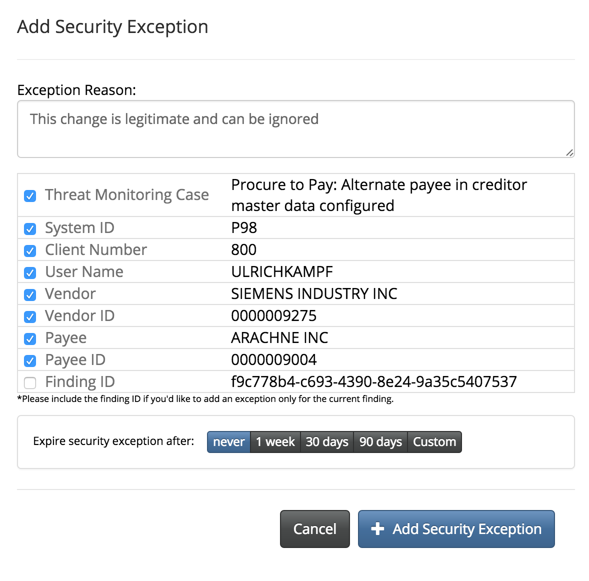 SAP Fraud Detection Security Exception Process Enterprise Threat Monitor